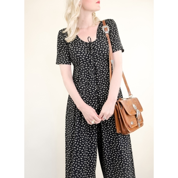 Vintage Pants - 90s Black Micro Floral Wide Leg Vintage Jumpsuit